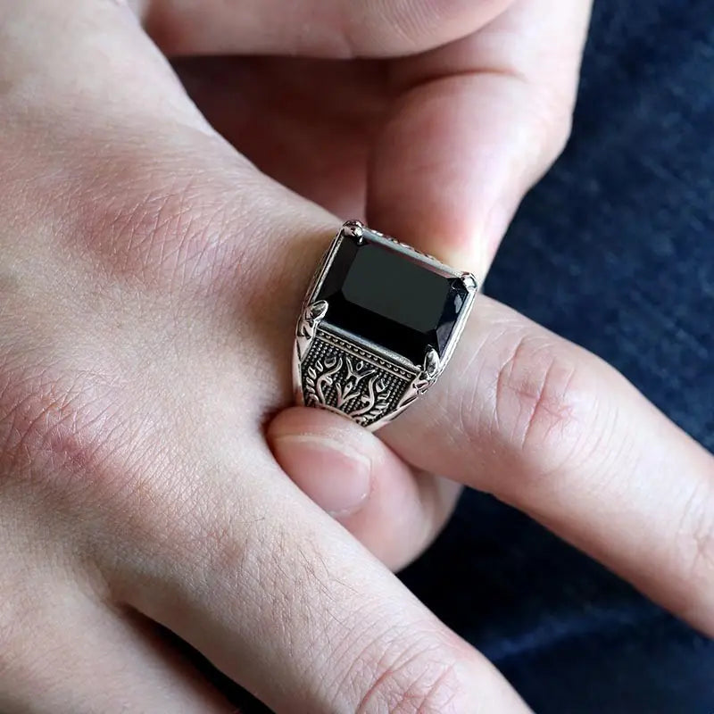 S925 ワイドなブラックストーンリング