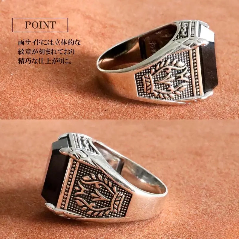 S925 ワイドなブラックストーンリング