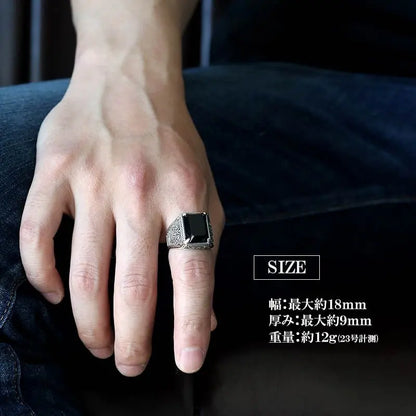 S925 ワイドなブラックストーンリング