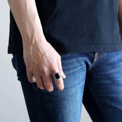 S925 ワイドなブラックストーンリング