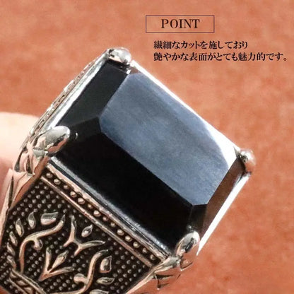 S925 ワイドなブラックストーンリング